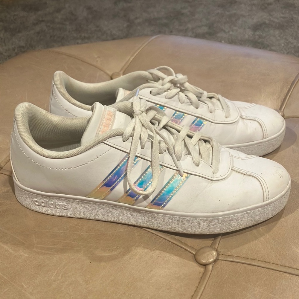 Adidas VL Court 2.0 Sneaker White Leather Iridescent Mermaid Stripes Women SZ 9
